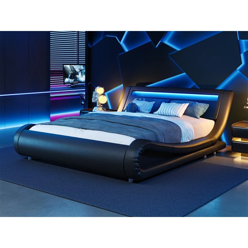 

Modern Queen Bed Frame with RGBW LED Lights Headboard, Low Profile Upholstered Platform Sleigh Design, Strong Wood Slats