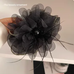 Korea Ostrich Feathers Hair Clip For Women Big Flower Hairpin Adult Black Hairclip Girls Large Claw Clip for thick hair Jewelry