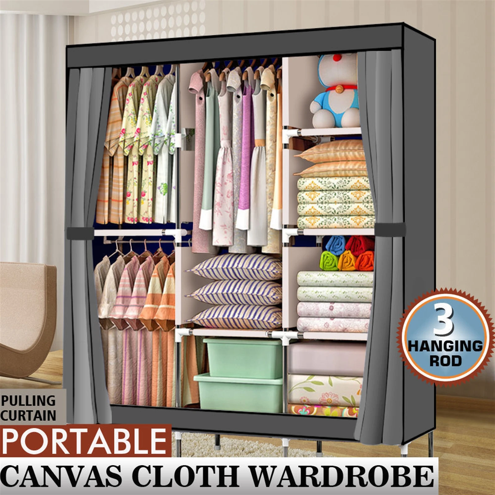 

71" Portable Closet Wardrobe Clothes Rack Storage Organizer with Shelf Gray