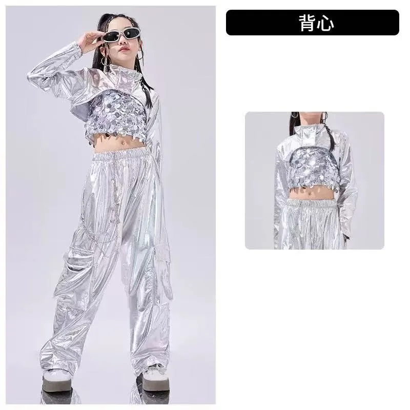 Ubrania do tańca hip-hopowego odblaskowy strój Rave zestawy dziewczęce stroje do tańca jazzowego festiwal krótkie bluzki spodnie Cargo wybieg kostium pokazowy