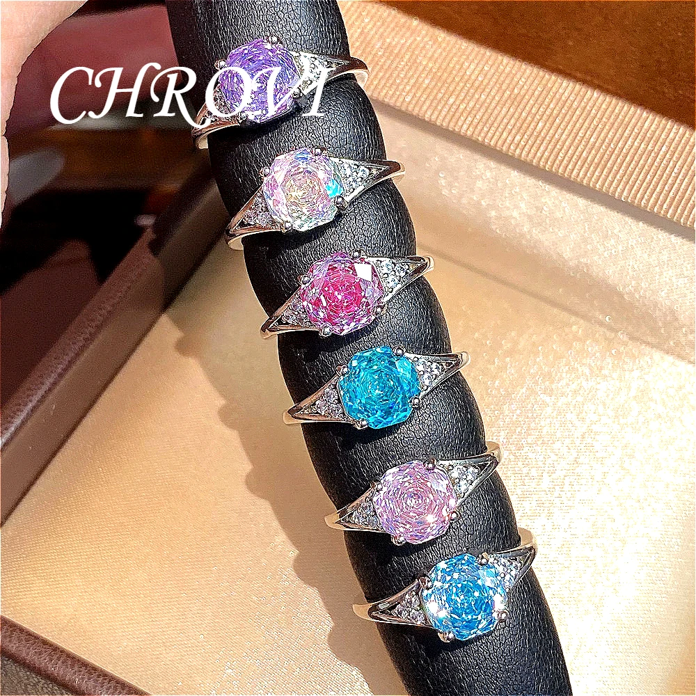 Luxury-Style 925 Sterling Silver Millennium Rose Sea Blue Sparkling Ring Fashion Rose Pink Diamond Ring