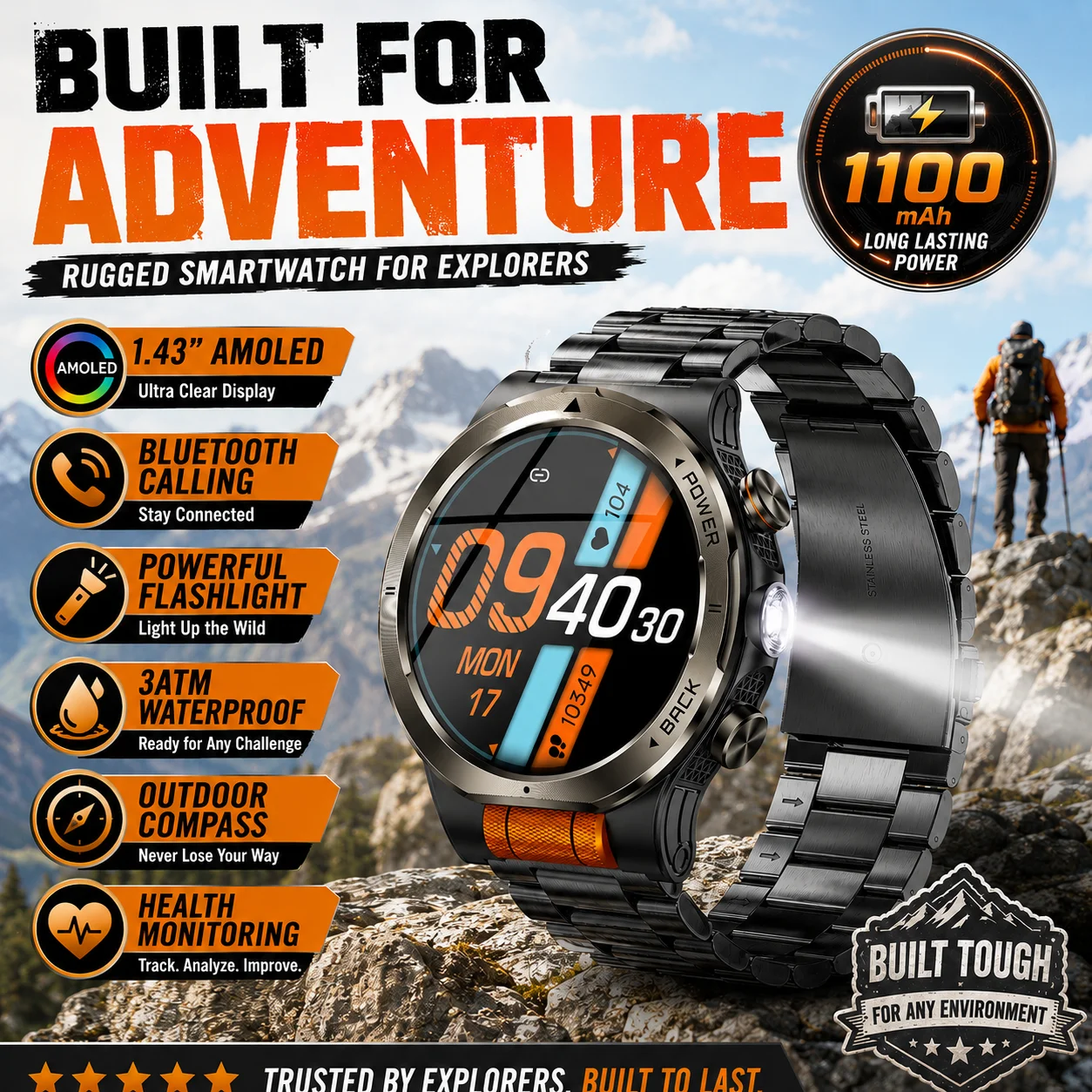

LIGE Military 1100mAh Battery Smart Watch Adventure Sports Waterproof With Flashlight Compass BT Call Smartwatch For Android ios