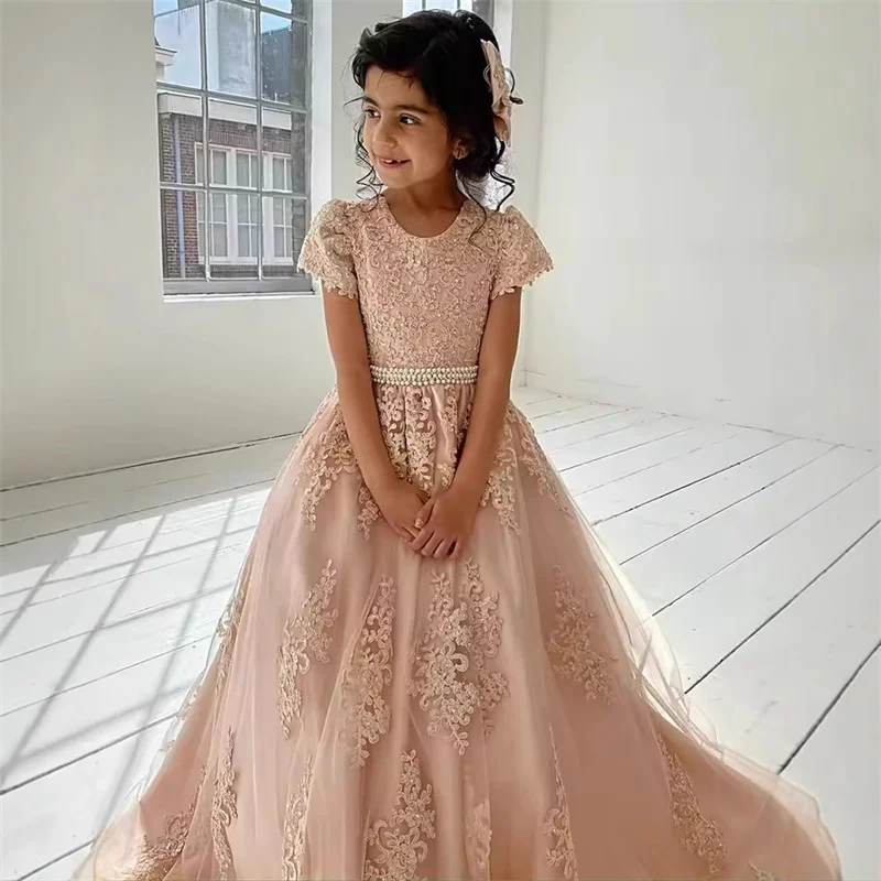 فستان فتاة الزهور مزين بالدانتيل من التول للأطفال الصغار فستان التواصل الأول لحفلات الزفاف وأعياد الميلاد #3