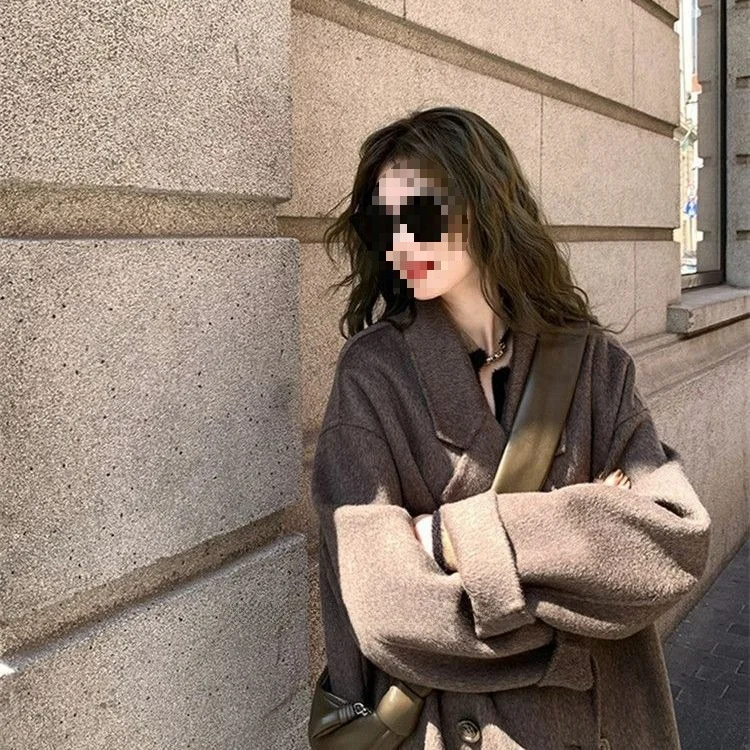 Dámský vlněný kabát v barvě plus size, moka coffee, nový, korejský styl, vysokoškolský styl, malá velikost, svrchní oblečení - náhled 4