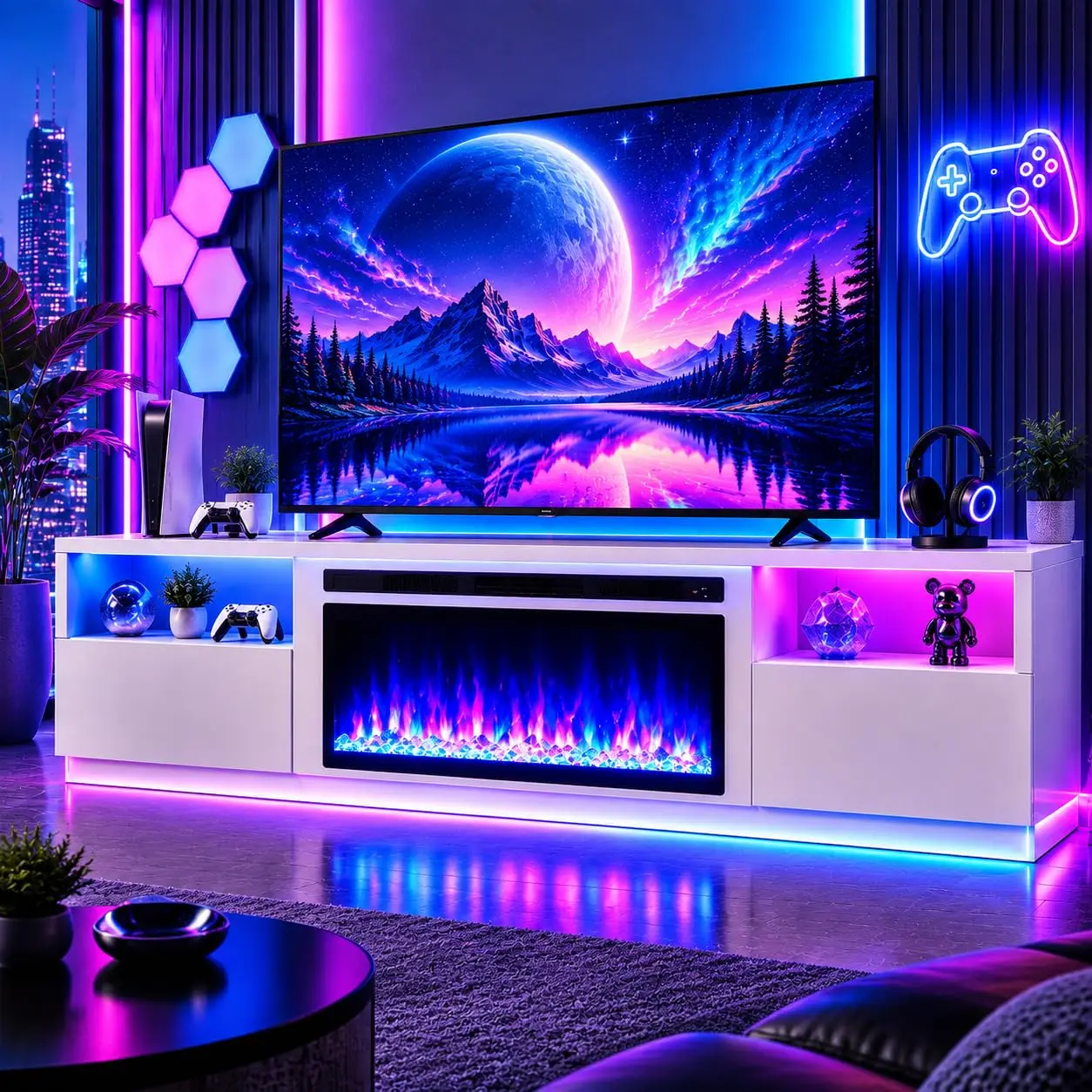 70 Inch Electric Fireplace TV Stand with 36 Inch Insert, 1500W Heater, 12 Flame Colors, LED Display Control Panel, Remote Contro