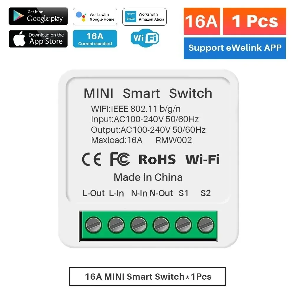 Mini Wifi Smart Switch 16A DIY Light Switch Module Automation EWeLink App Wireless Voice Control Works with Alexa Google Home