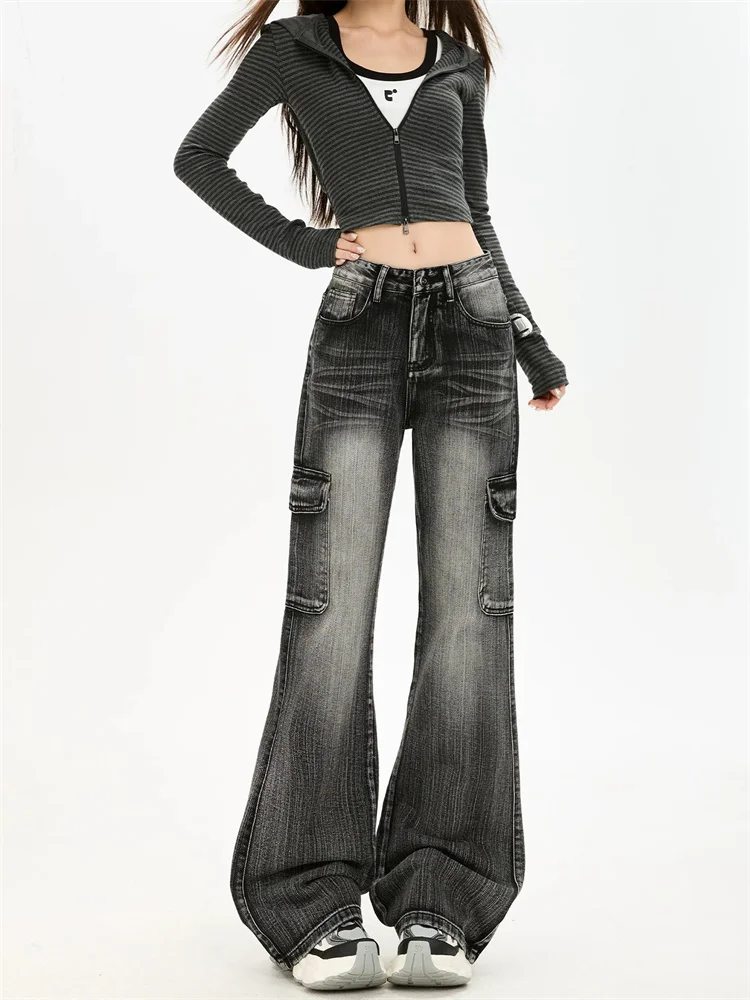 Black Gray Textured Flare Cargo Jeans for Women Autumn Sweetheart New Loose Non Stick Bell Bottoms view 2