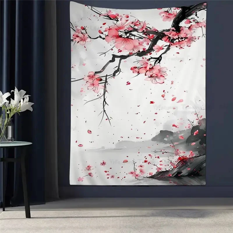 VIKAMA Japanese Cherry Blossom Tapestry, Ink Wash Sakura Print Wall Hanging for Bedroom Dorm Living Room Home Decor