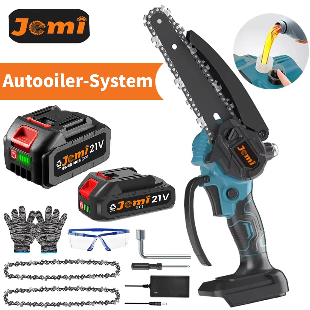 Jemi Tool 21V mini chainsaw, 6 inch electric chainsaw with automatic lubrication system for garden, yard