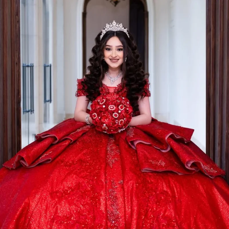 

Shiny Red Quinceanera Dress off-shoulder Lace layering glitter decal Long tail Bow vestidos de 15 Quinceanera ﻿Customize