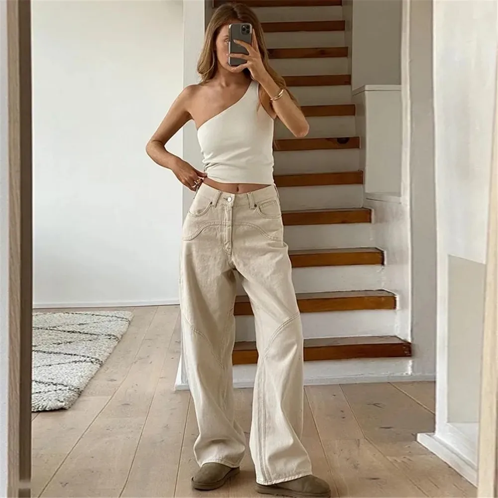 Beige Jeans Baggy Women Boyfriend Casual Denim Trousers Vintage High Waist Straight Wide Leg Pants Classic Fashion 90s Y2k Jeans