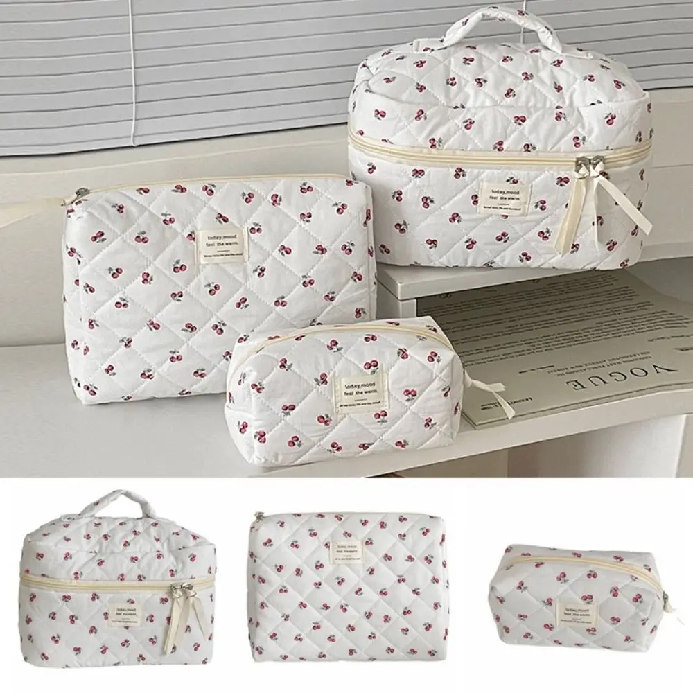 

Cute Cotton Quilted Makeup Bag Floral Household Stationery Storage Bag Large Capacity Flower Printed Toiletry Cosmetic Pouch