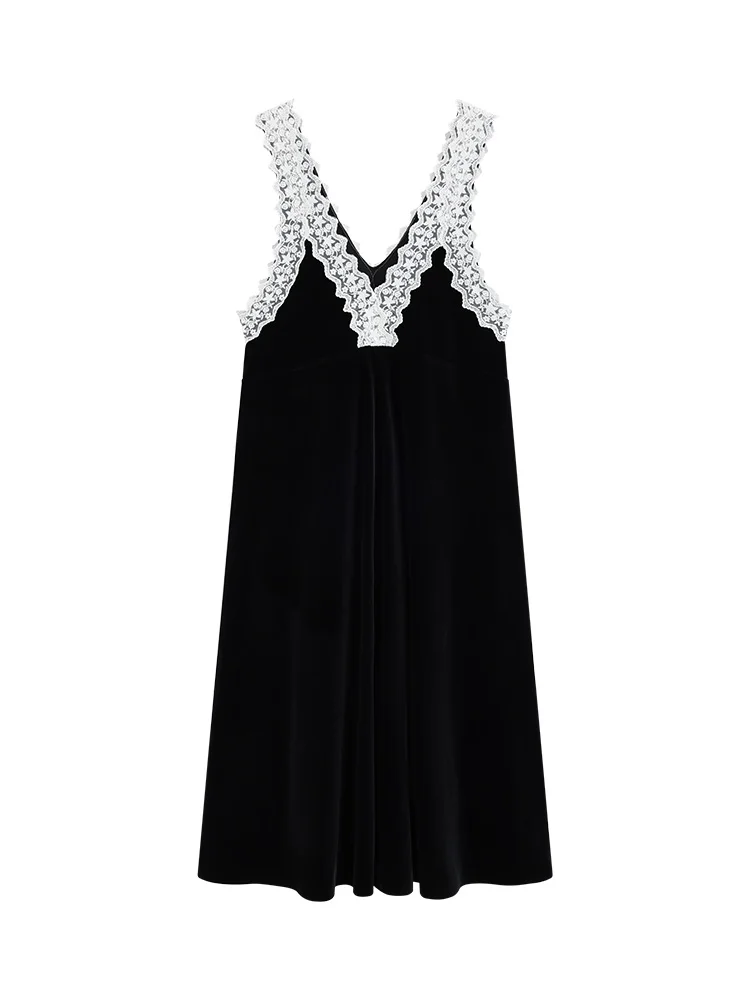 Abito a canotta con scollo a V con finiture in pizzo di velluto Abito lungo senza maniche sottile invernale da donna Elegante abito longuette a trapezio fluido con stratificazione da indossare ogni giorno