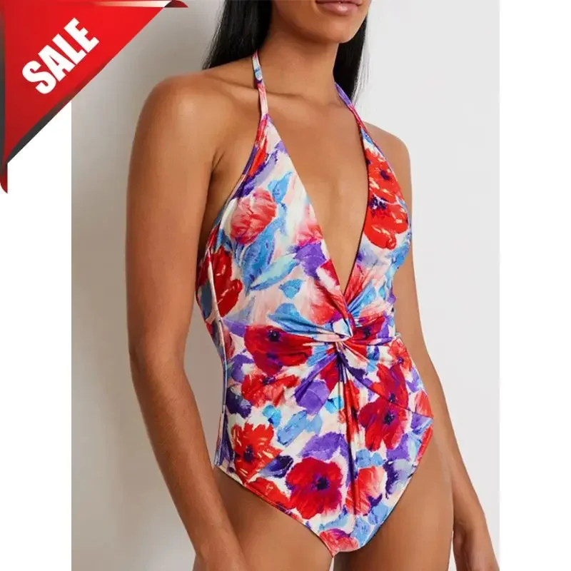 Halter Backless Printed One Piece Swimsuit and Cover Up Women Beachwear Luxury Bathing Suit