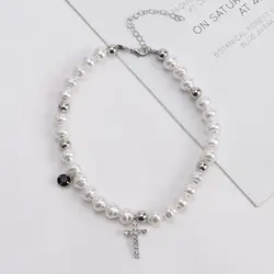 Vintage Pendant Crystal Cross Fashion Neck Jewelry Simulated Pearl Korean Style Necklace Woman Clavicle Choker