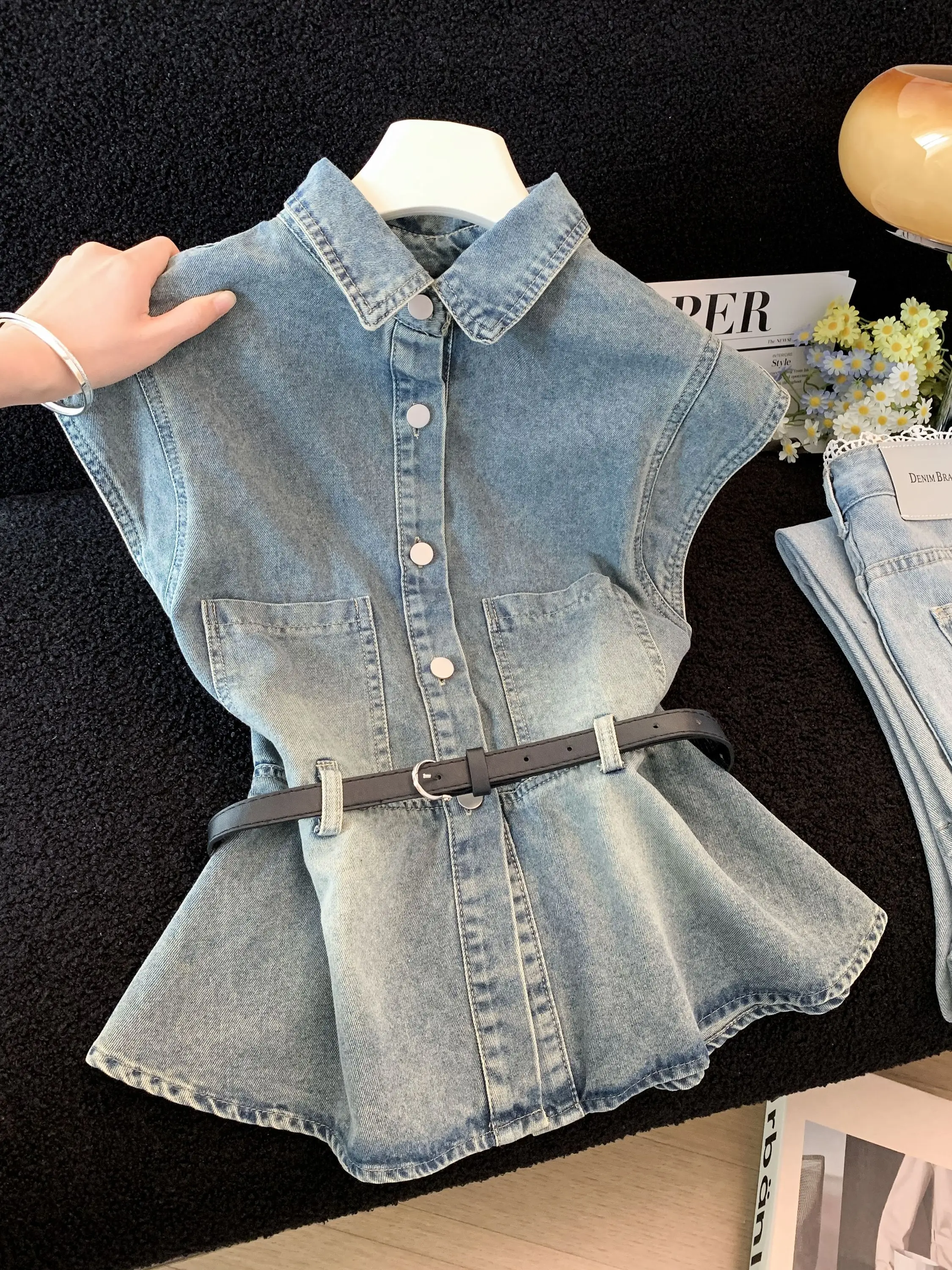 

Casual Thin Denim Shirt Women's Summer New Design Sensation Waist in Slimming Top Korean Style Short Sleeve Fly Sleeve Shirt