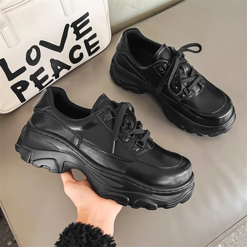 

British style mens casual platform shoes lace-up genuine leather oxfords shoe black trendy sneakers youth street footwear zapato