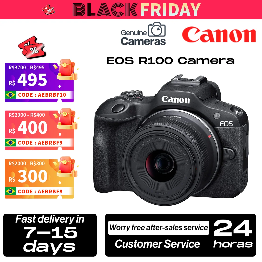 【Do Brasil】Canon EOS R100 Mirrorless Digital Camera APS-C Entry Level with RF-S 18-45mm Lens Kit - New Launch