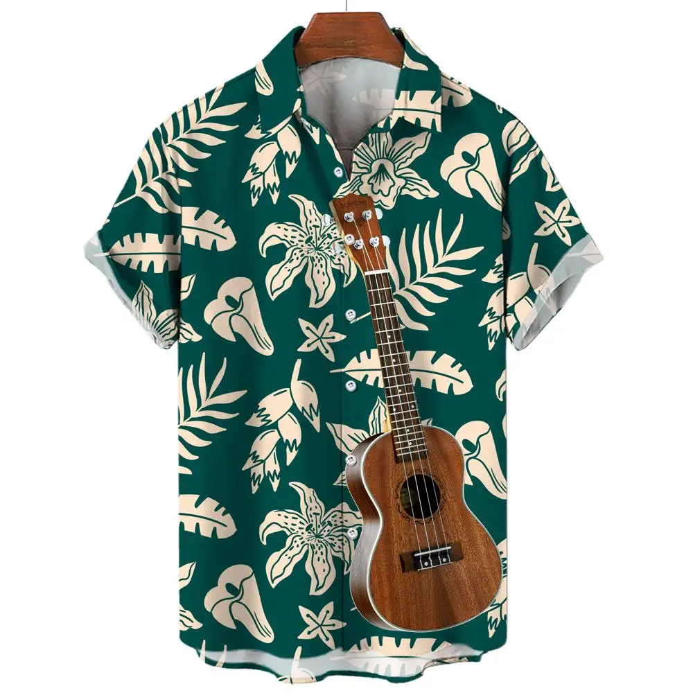 Hawaiian Shirts For Male Guitar Pattern Shirts Men's Casual Short Sleeved Top Summer Oversized Streetwear Original Men Clothing