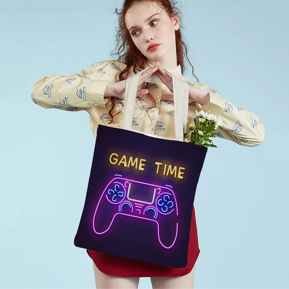 Cartoon Gamepad Shopping Shoulder Bag for Women Reusable Both Sided Game Player Casual Lady Canvas Tote Travel Handbag Children