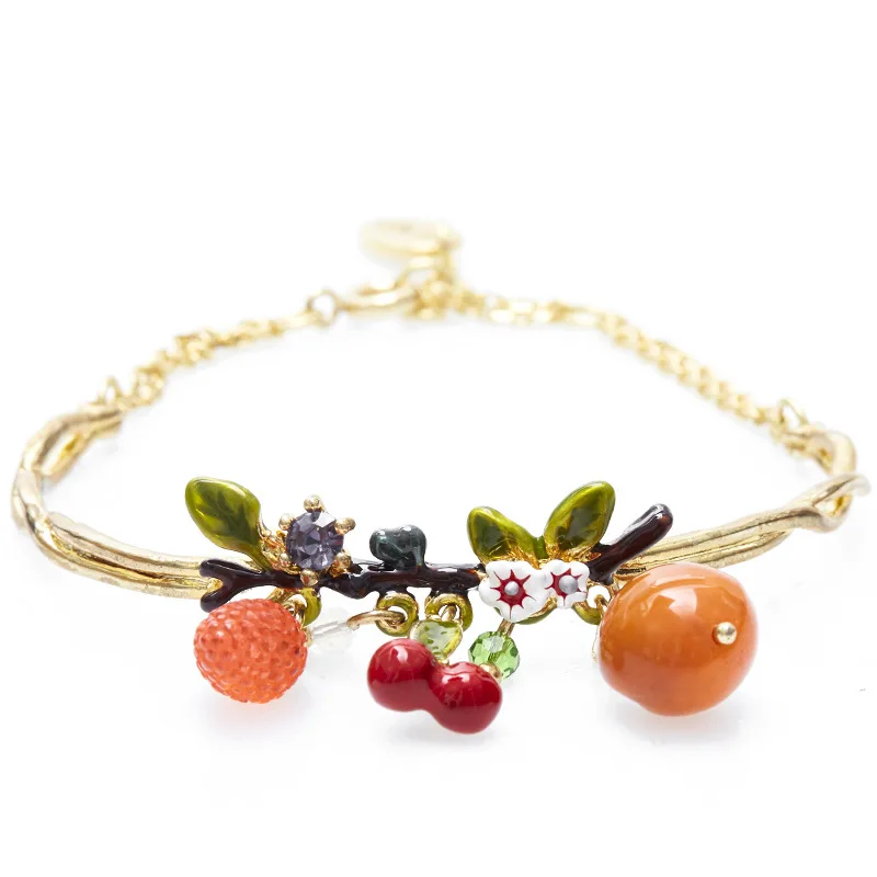 Fresh Sweet Handpainted Enamel Glaze 3D Raspberry Cherry Tomato Fruit Multi-drop Double Chain Bracelet Semibangle Feminine Chic