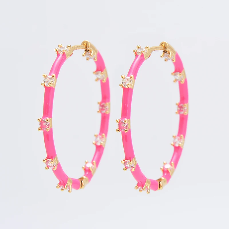 HECHENG,Zircon Big Hoop Earrings For Women Neon Color Large Enamel Sweet Earrings Colorful Fashion Party Jewelry