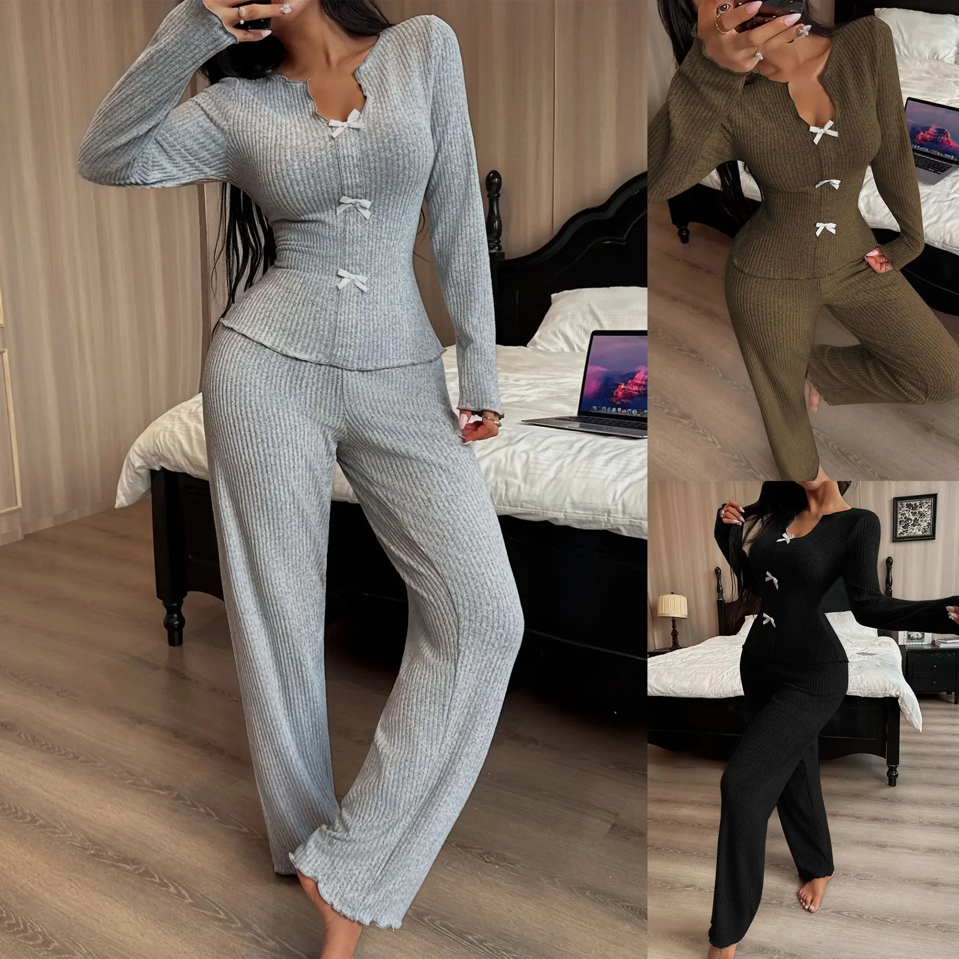 

Autumn and Winter Women's Pajama Sets V-neck Sweater Bow Long-sleeved Tops with Long Pants Pajamas Loungewear Suit Women Pijamas