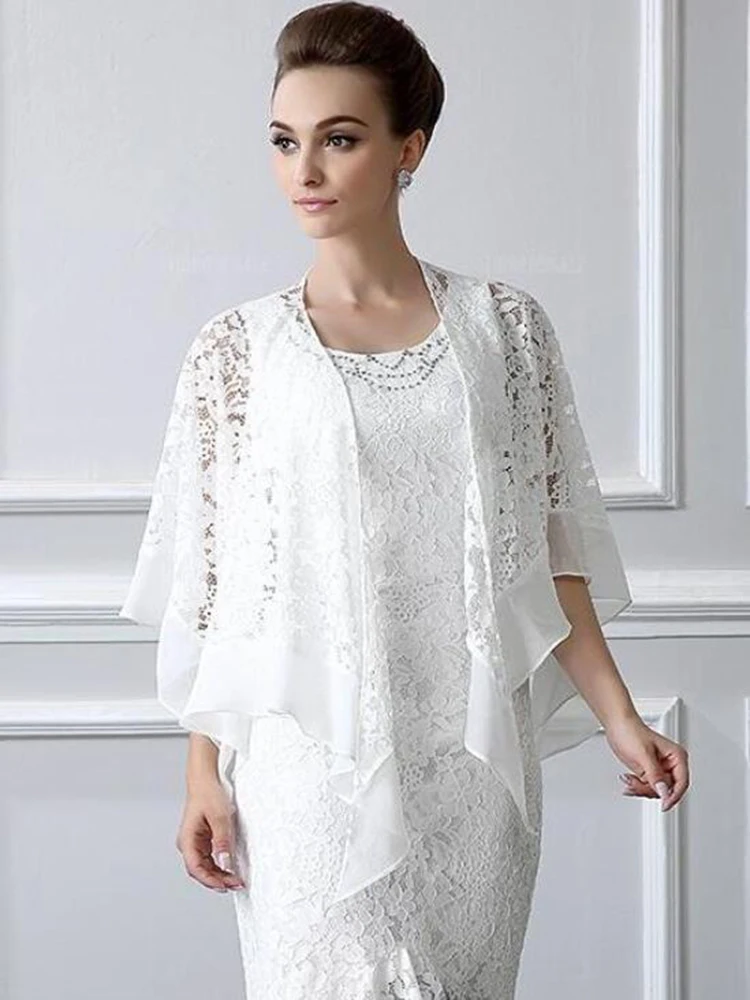 2020 New Amazing High Low White Lace Mother of the Bride Dresses With Shawl Jewel Neck Mother of Groom Gowns Sleeveless