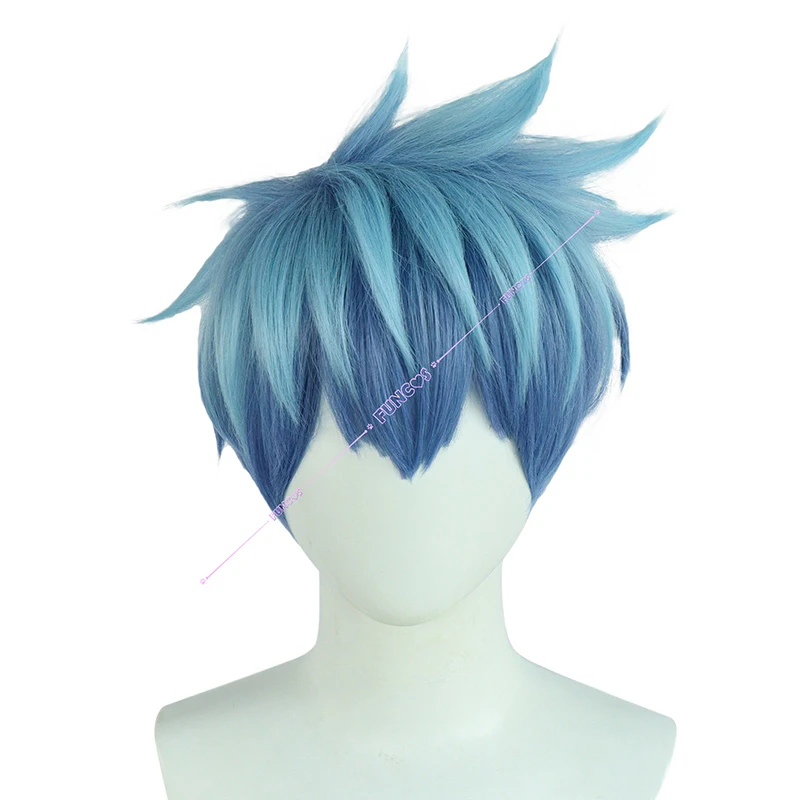 Anime Mashle Magic and Muscles Lance Crown Cosplay Wig Blue Short Fiber Hair Planet Earrings Easton Magic Academy Free Wig Cap