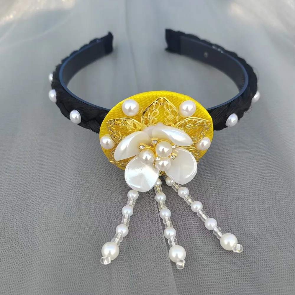 

Classical Flower Korean Headband Pearl Beaded Hanbok Hairband Tassels Traditional Stage Dance Hair Hoop Wedding