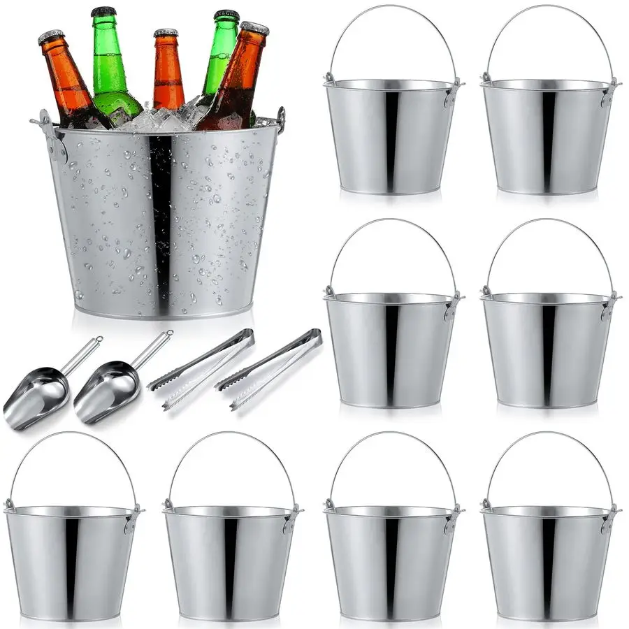

12 Pcs Metal Beer Buckets with Ice Shovels and Tongs Stainless Steel Ice Bucket with Handle Round Pails for Summer Pool Wedding