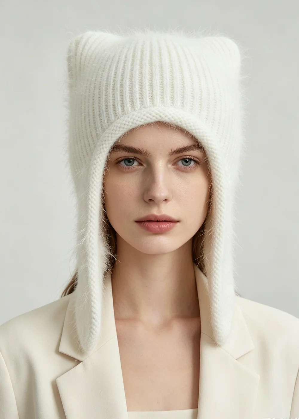 NEW Cat's Ear Women Winter Rabbit Fur Warm Hat Fur Ear Flap Cap Angora Knitted Hat Skullies Beanies Female Bonnet Woman Knit Cap