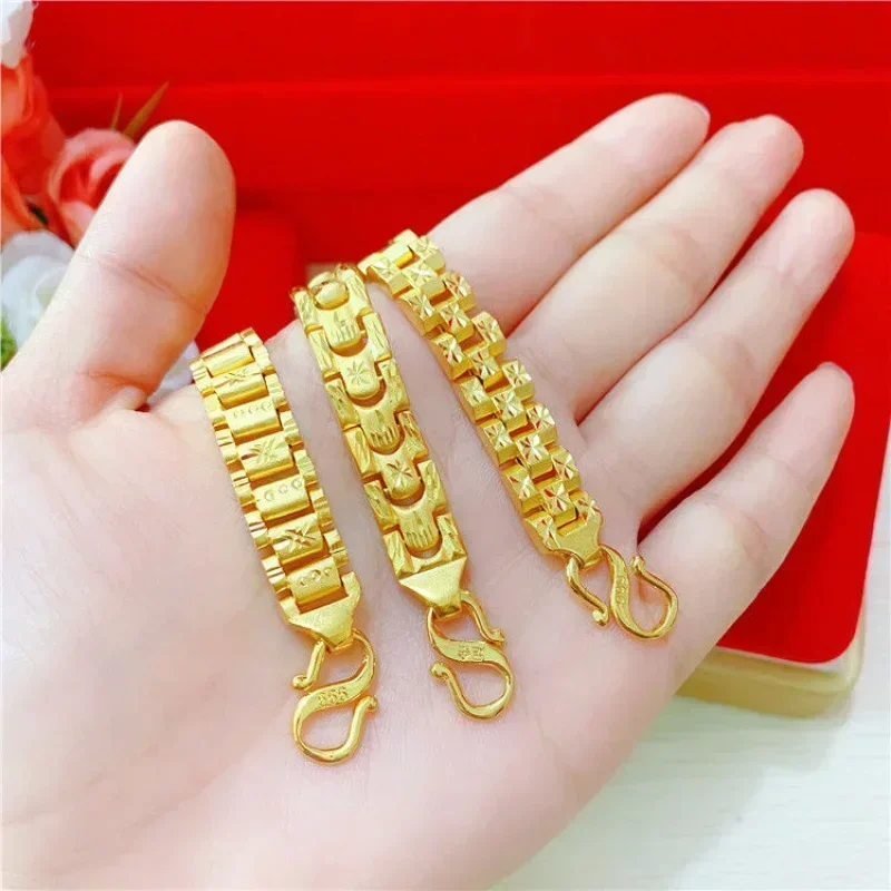 Fine and rich 24k pure gold bracelet mens domineering real gold watch chain jewelry AU999 gold mens high-end jewelry