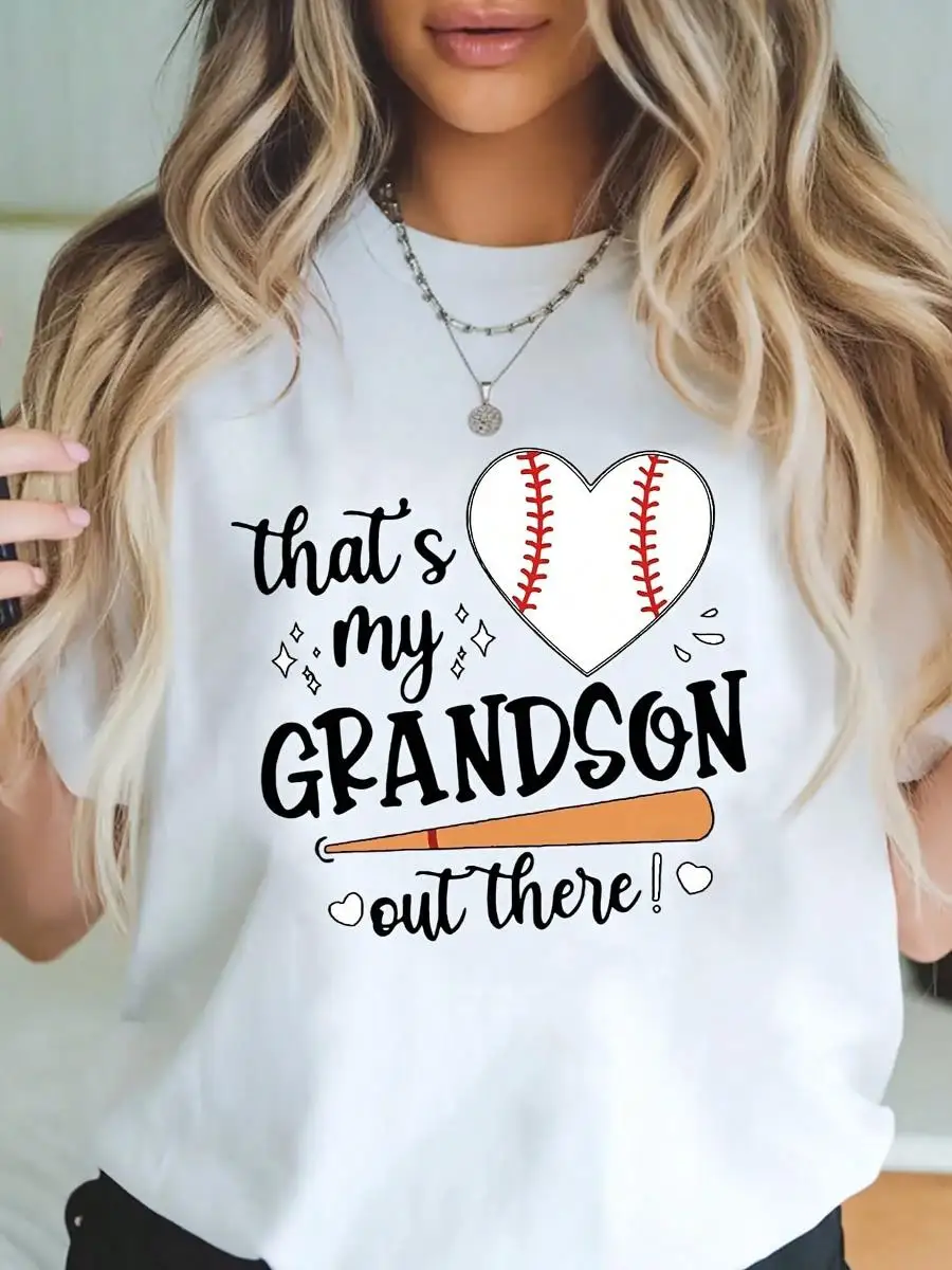 T Shirt Thats My Grandson Baseball Heart Print Casual Short Sleeve Top Sports Game Day Outfit Holiday Party Daily Wear for Women