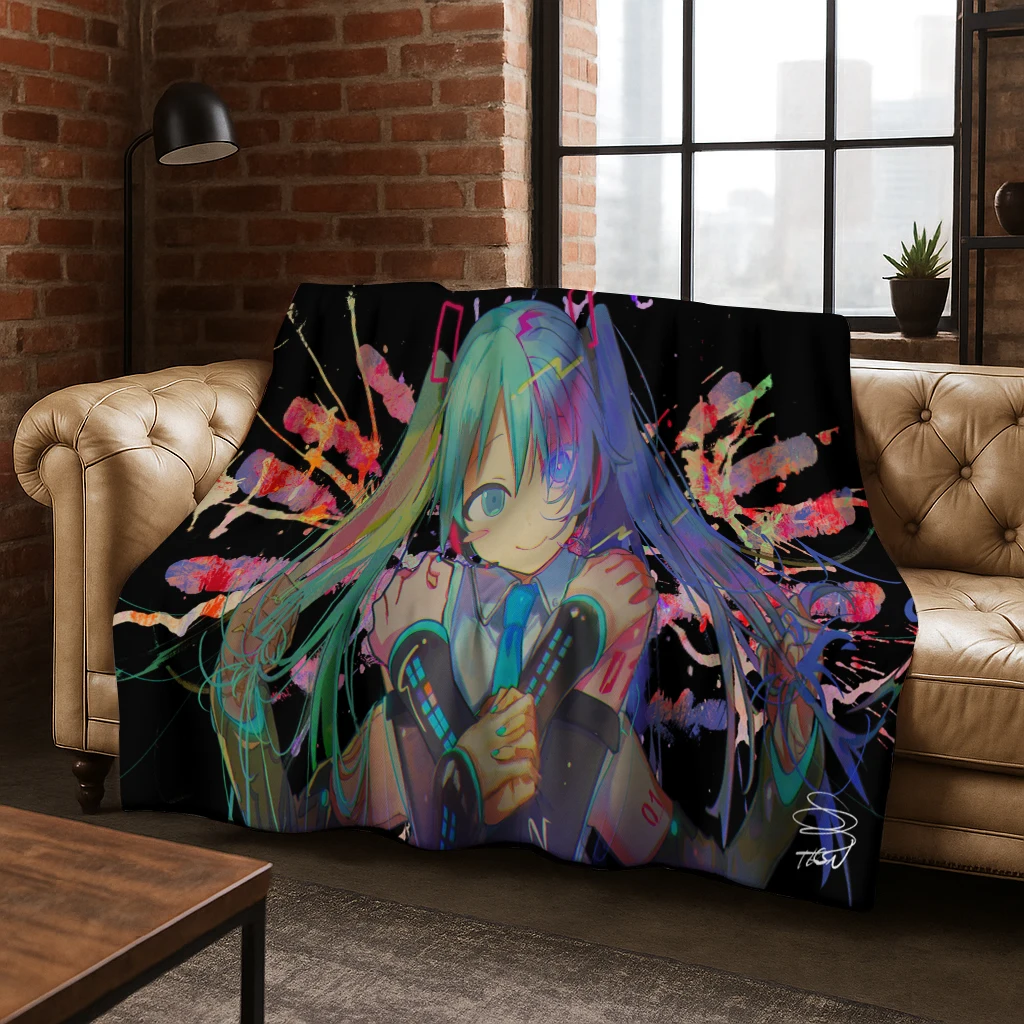 3D Music Girl M-MIKU Cute Cartoon Flannel Blanket,Warm and Cozy Soft Throw Blanket for Home Bedroom Bed Sofa Picnic Cover Gift