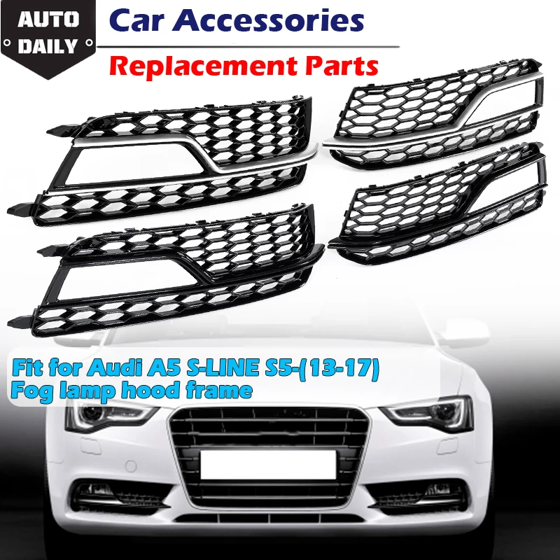 Fog Lamp Frame Grill Mesh Shell Bezel Glossy Black Honeycomb Hole Panel Fog Light Surround Cover Fit For A5 S-Line S5 2013-2017