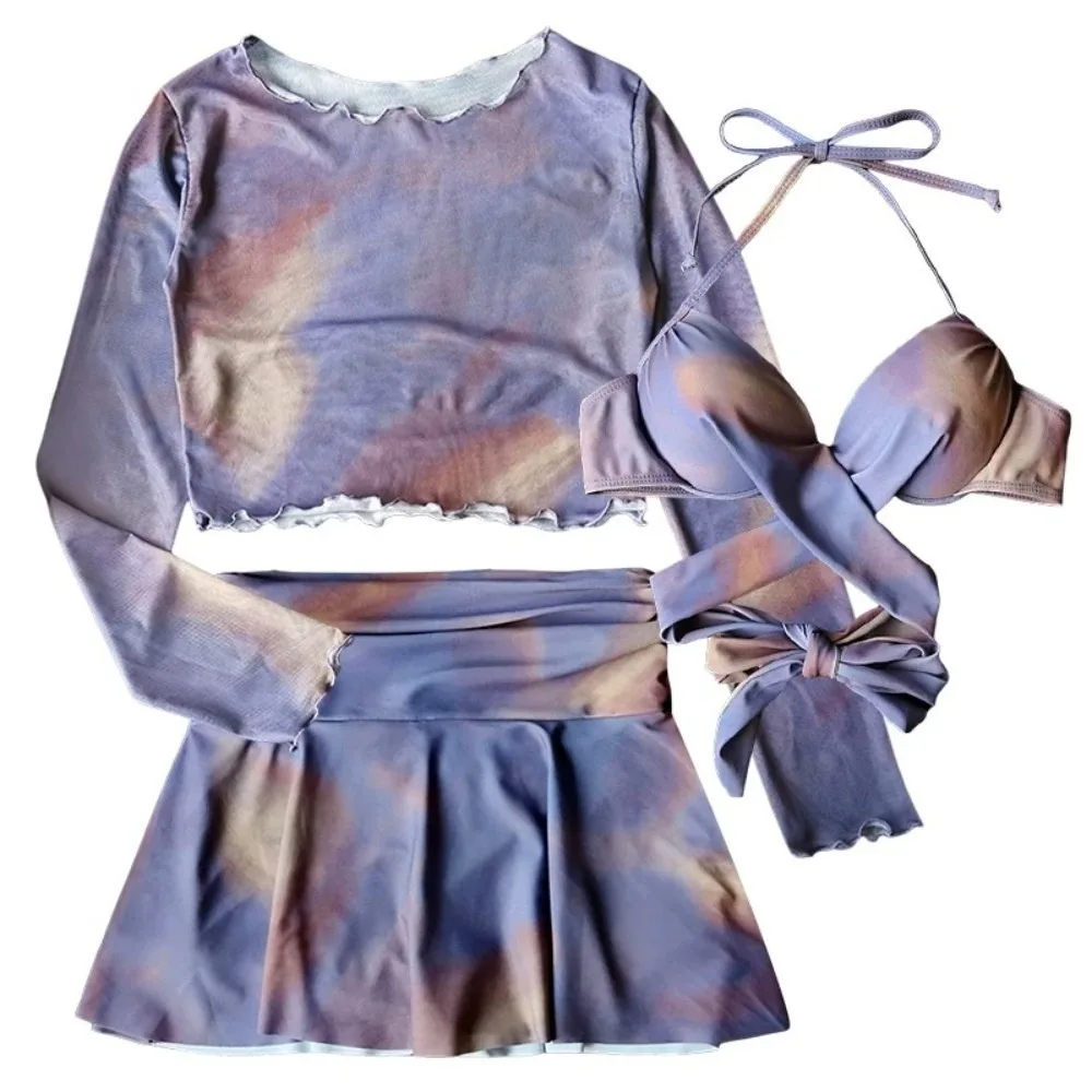 

Комплект для плавания Ins Tie-dye 3 в 1: защита от солнца, фиолетовый купальник с длинными рукавами, пляжная одежда, бикини, пляжный костюм