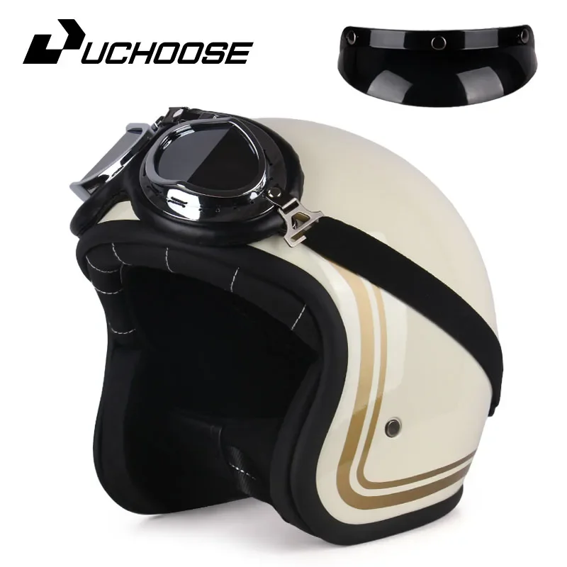 Uchose Retro Motorhelm Pu Lederen Open Gezicht 3/4 Chopper Fietshelmen Classic Casco Moto Vintage