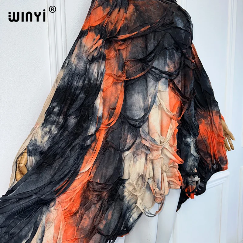 Winyi 2024 Tie-Dye-Print Sommer tief hohe Gabel sexy Kleid elegante boden fegende Abendkleid Frauen Beach wear Kaftan