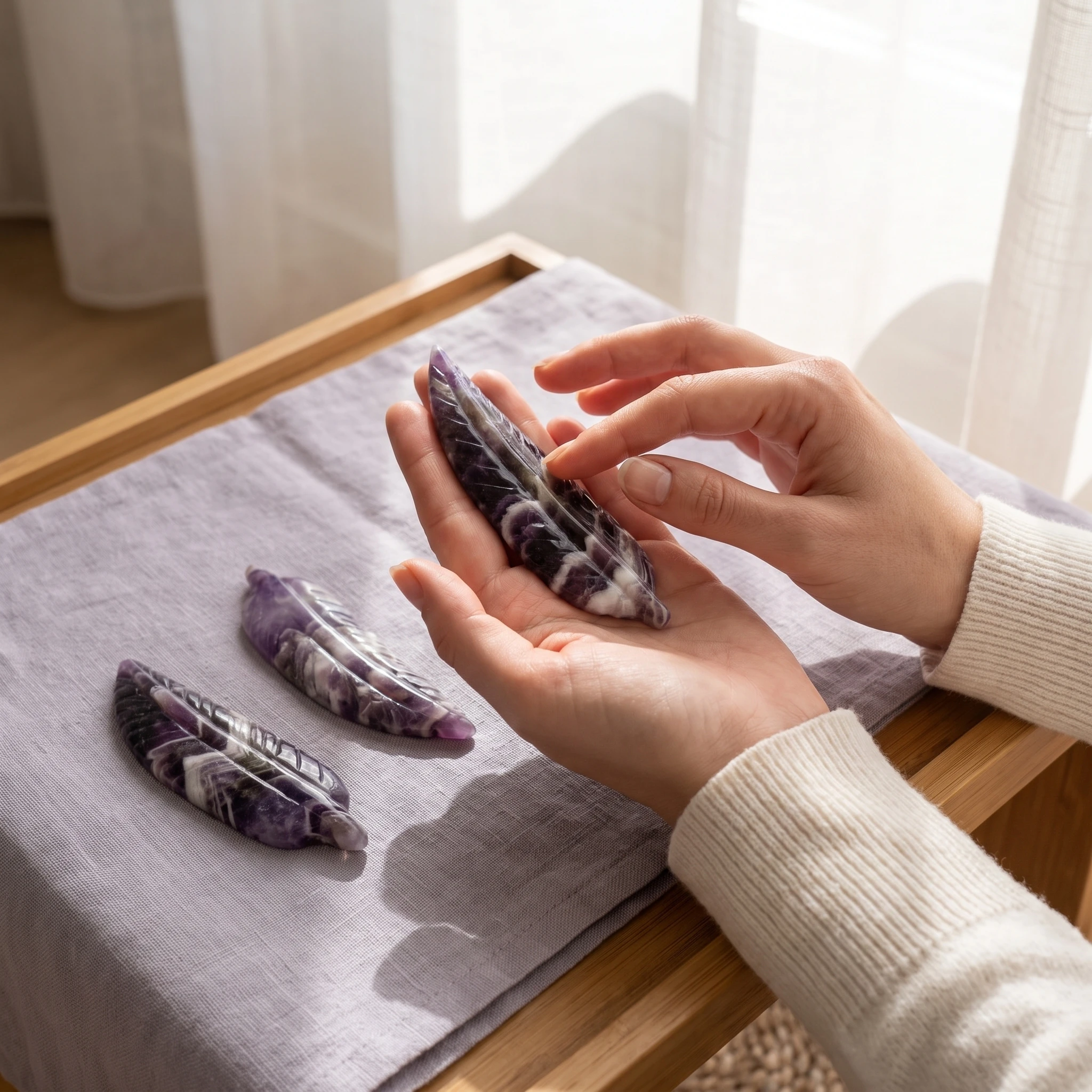 Natural Dream Amethyst Agate Feather Carving - Handmade Random Texture Collectibles for Home And Office Decoration