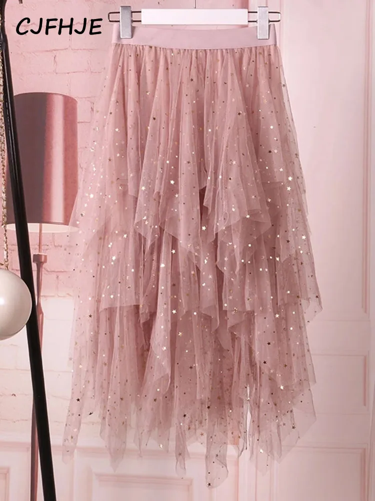 Fashion Shiny Stars Sequins Irregular Tulle Skirts Women Spring Chic Fairy Sweet Cake Mesh Skirt Female Elegant Lady Faldas