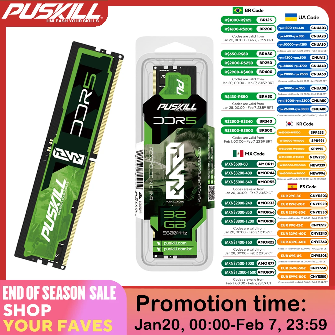 PUSKILL FUSE DDR5 Memoria RAM 32GB 16GB 8GB 1.1V 4800MHz 5600MHz PC5 288-PIN Desktop UDIMM Memória Memory