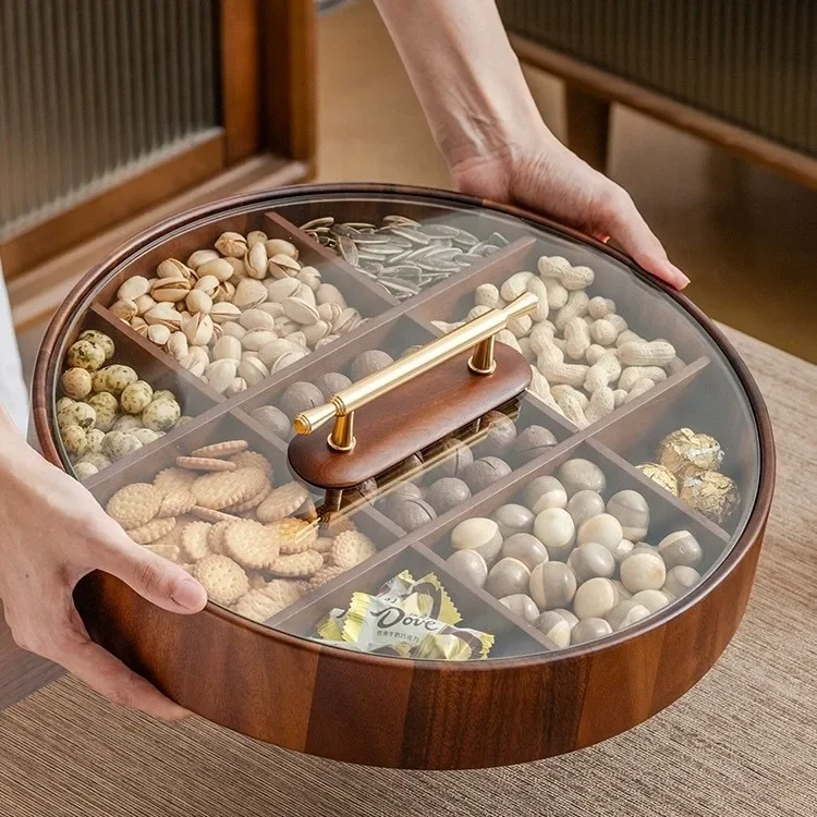 yesStorage Box Fruit Melon Seed Plate Household Nut Storage Box Dried Fruit Box Wooden Chinese Nine Palace Grid Closet Organizer