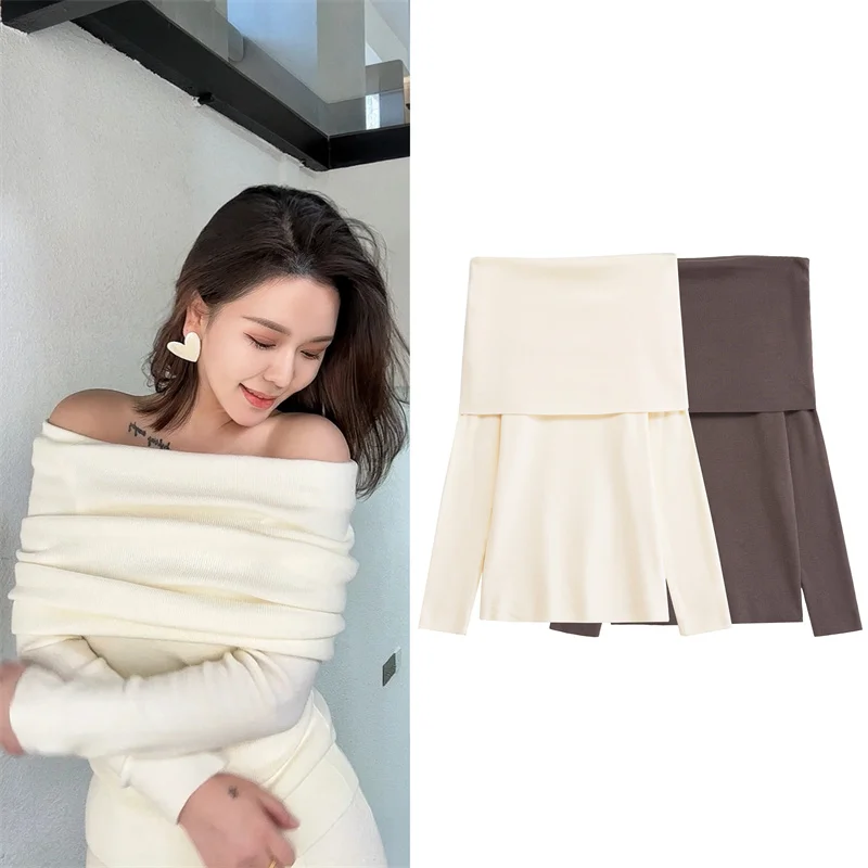 

Women's Top New Style for Autumn 2025 Solid Color Long Sleeve Lapel One-shoulder Fitted Knitted Top Socialite Style Gentle