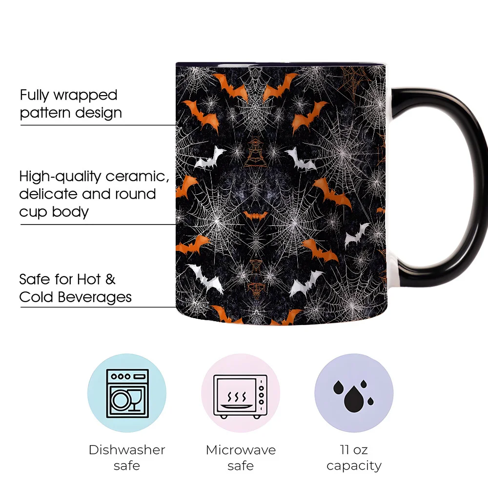 1pc, Party Decor Gift Gothic Style Coffee Mug, Orange White Bats Spider Web Pattern Coffee Cup, Perfect for Halloween