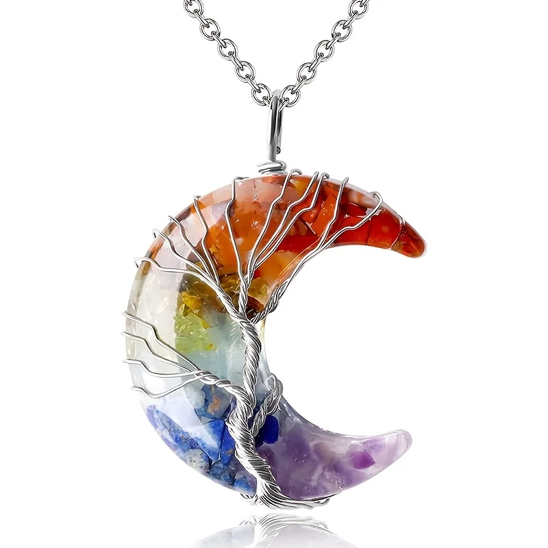 1pc Natural Crystal 7 Chakra Life Tree Wire-Wrapped Crescent Moon Phase Stone Pendant Necklace (Contains Resin). Boho Gemstone Design Ideal for Vintage, Vacation and Forest-style Outfits, Delivering a Strong Laid-back Retro Vibe. Women's Jewelry Gift