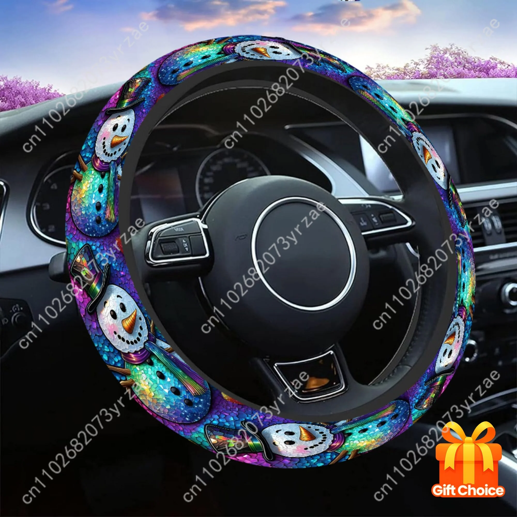 

Colorful Snowman Car Steering Wheels Cover Universal Type Environmental Friendly Comfort Non-slip Breathable Steering Wheel Wrap