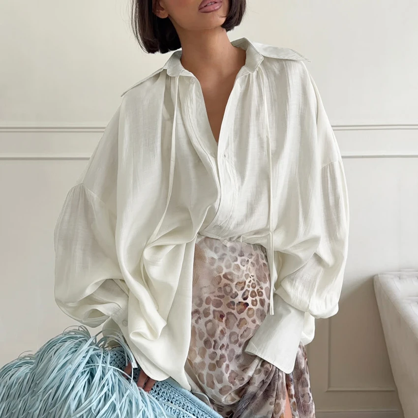 Linad Elegant Apricot Lantern Sleeve Shirts Female 2026 Casual Loose Lace Up Woman Blouse Street Chic Single Breasted To
