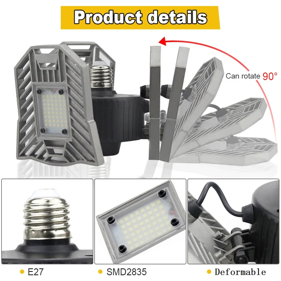 Imagem -05 - Conduziu a Luz da Garagem E27 Lâmpada Deformável 6000lm Super Brilhante Dobrável Lâmpada 110v 220v para a Iluminação da Fábrica do Armazém da Oficina 60w