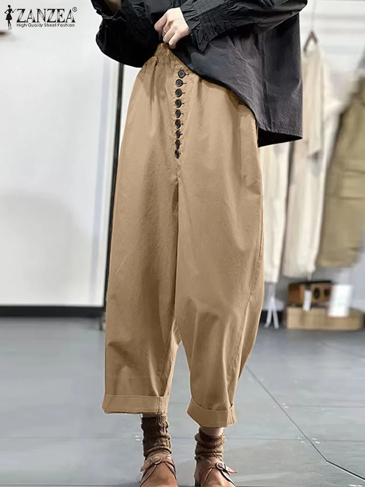 ZANZEA Causal Loose Solid Color Trousers Women Long Pants New Fashion Elastic Waist Harem Pants 2024 Spring O Type Pantalones